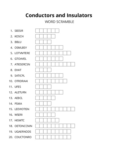 Conductors and Insulators Word Scramble Puzzle