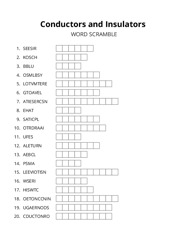 Conductors and Insulators word scramble puzzle