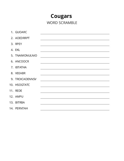 Cougars Word Scramble Puzzle