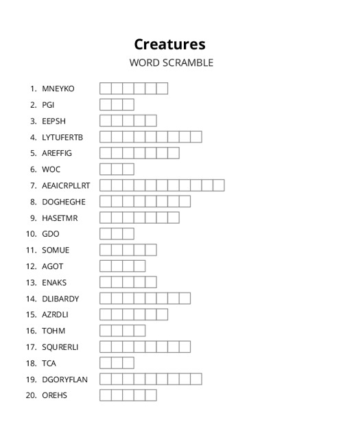 Creatures Word Scramble Puzzle