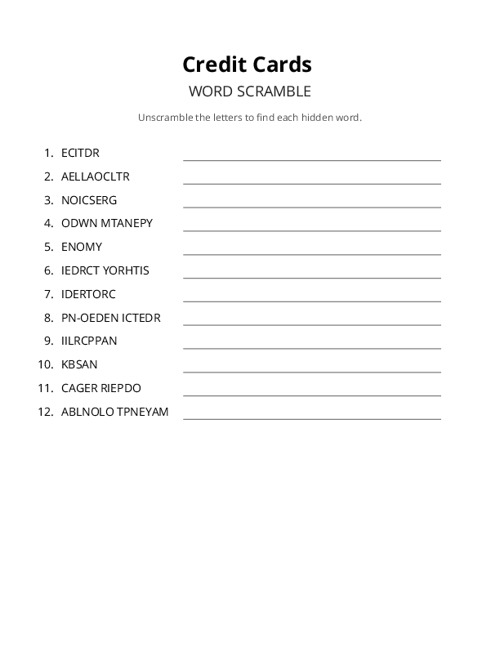 Credit Cards Word Scramble Puzzle