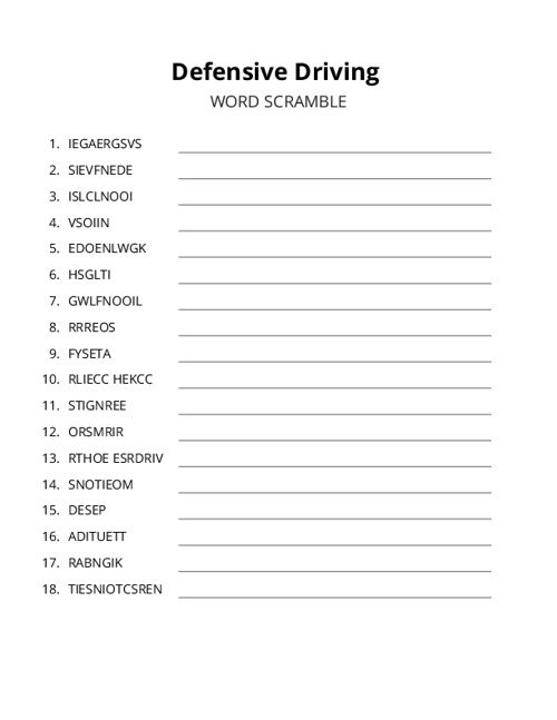 Defensive Driving Word Scramble Puzzle