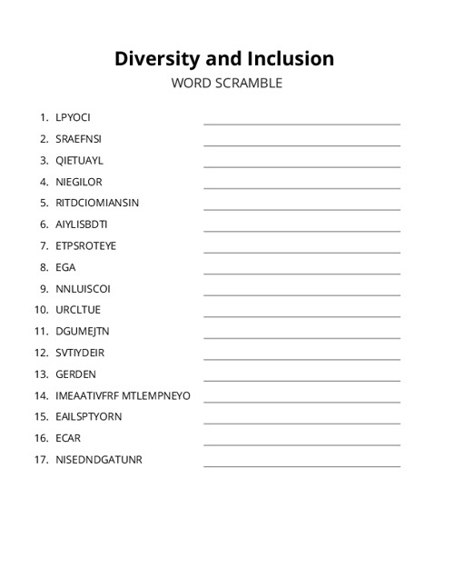 Diversity and Inclusion Word Scramble Puzzle