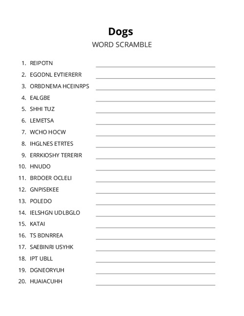Dogs Word Scramble Puzzle