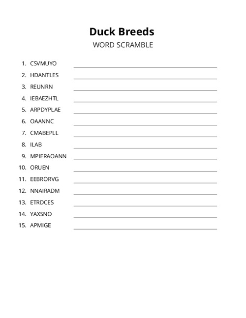 Duck Breeds Word Scramble Puzzle