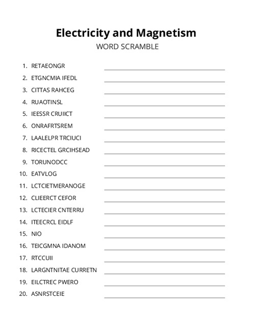 Electricity and Magnetism Word Scramble Puzzle