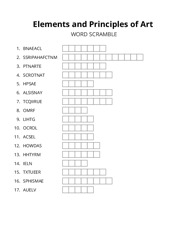 Elements and Principles of Art word scramble puzzle