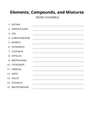 Elements, Compounds, and Mixtures word scramble puzzle