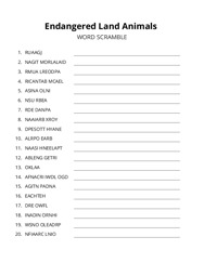 Endangered Land Animals word scramble puzzle