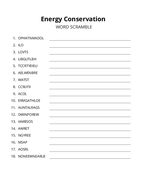 Energy Conservation Word Scramble Puzzle