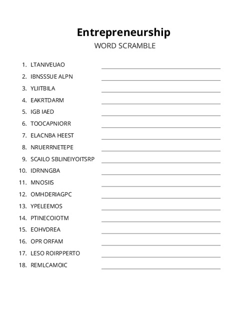 Entrepreneurship Word Scramble Puzzle