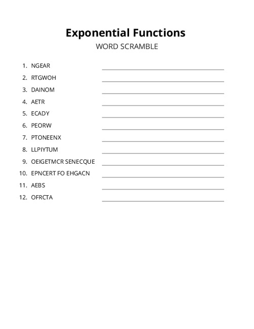 Exponential Functions Word Scramble Puzzle