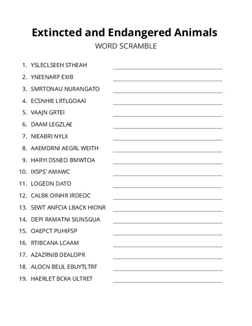 Extincted and Endangered Animals Word Scramble Puzzle