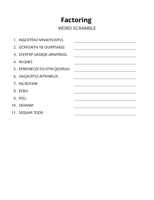 Factoring Word Scramble Puzzle