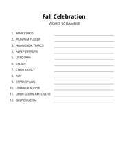 Fall Celebration word scramble puzzle