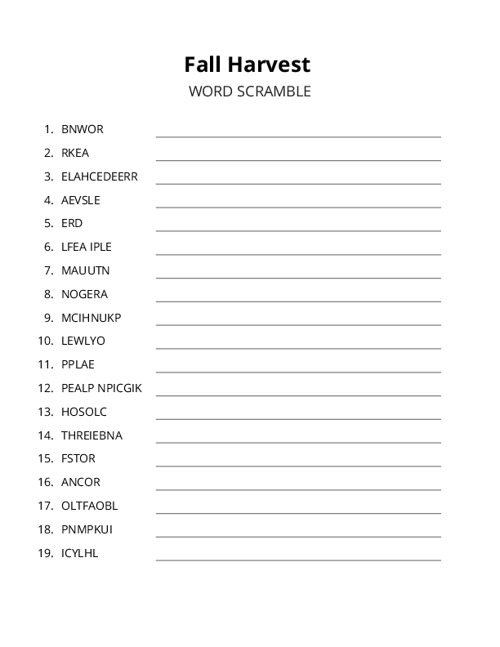 Fall Harvest Word Scramble Puzzle