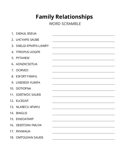 Family Relationships Word Scramble Puzzle