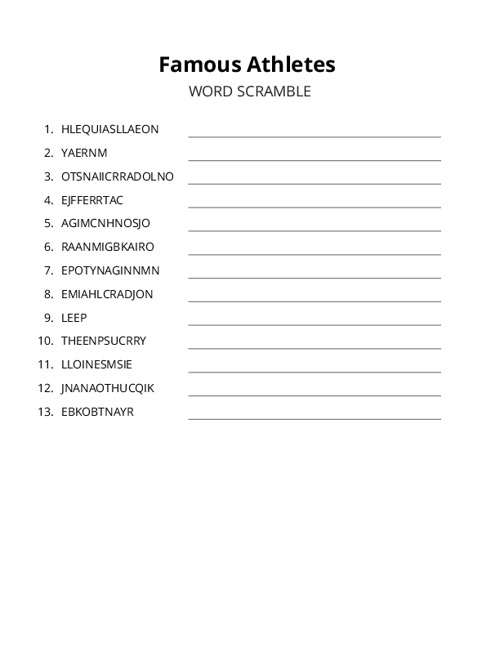 Famous Athletes Word Scramble Puzzle