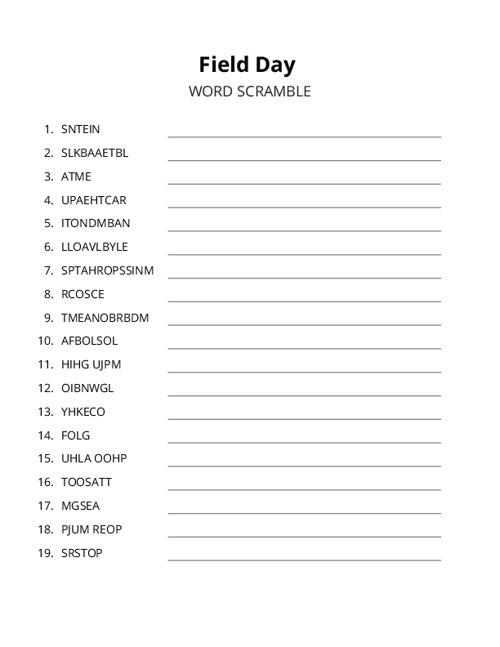Field Day Word Scramble Puzzle