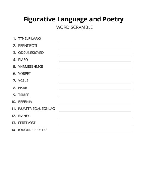 Figurative Language and Poetry Word Scramble Puzzle