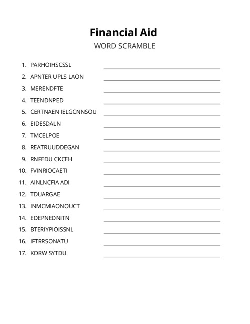 Financial Aid Word Scramble Puzzle