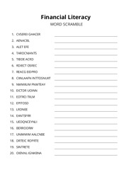 Financial Literacy word scramble puzzle