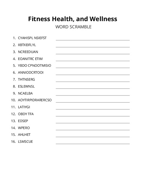 Fitness Health, and Wellness Word Scramble Puzzle