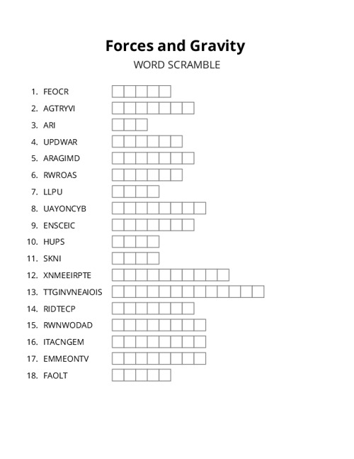 Forces and Gravity Word Scramble Puzzle