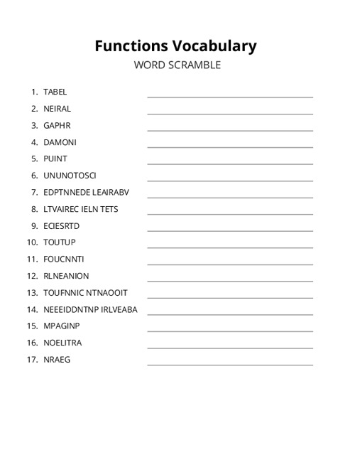 Functions Vocabulary Word Scramble Puzzle