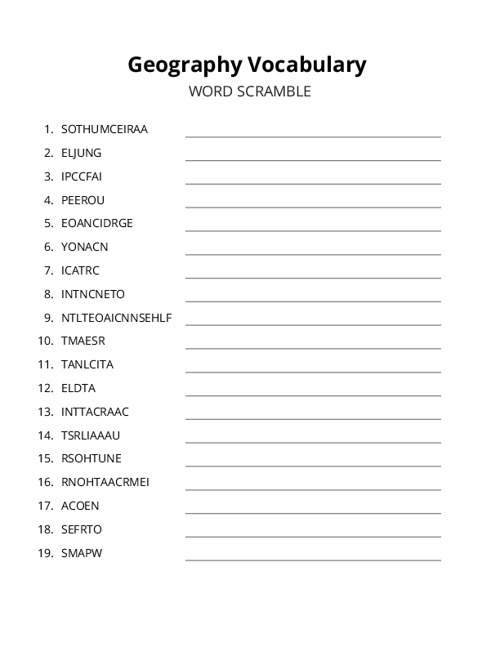 Geography Vocabulary Word Scramble Puzzle