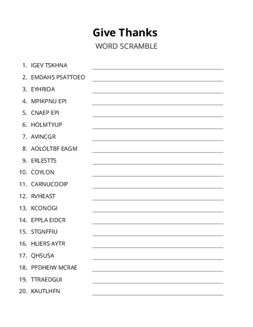 Give Thanks Word Scramble Puzzle