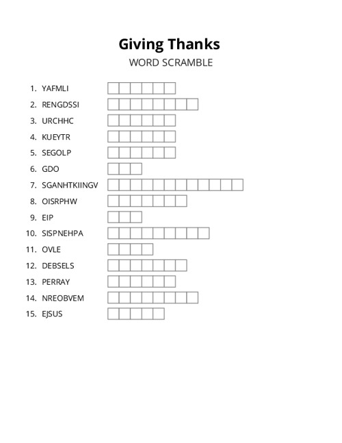 Giving Thanks Word Scramble Puzzle