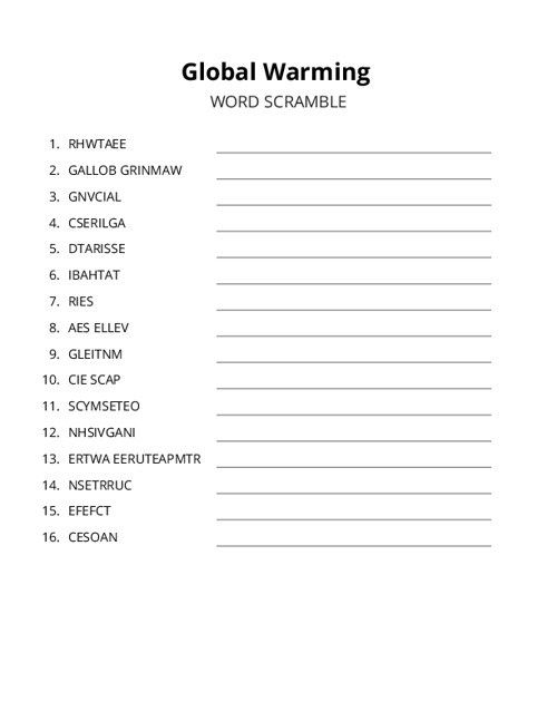 Global Warming Word Scramble Puzzle
