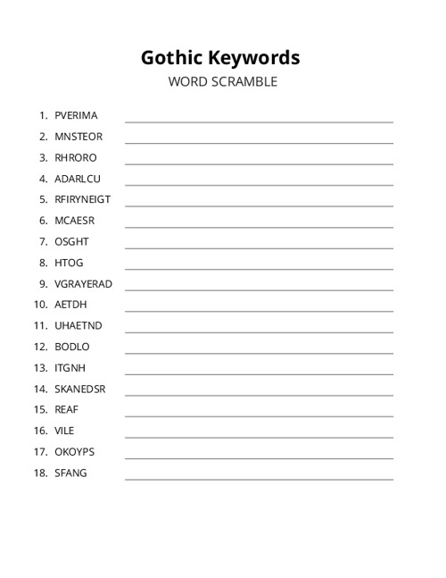 Gothic Keywords Word Scramble Puzzle