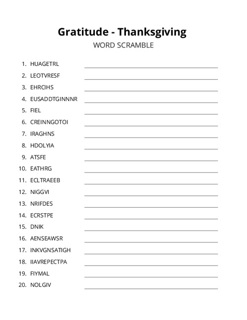 Gratitude - Thanksgiving Word Scramble Puzzle