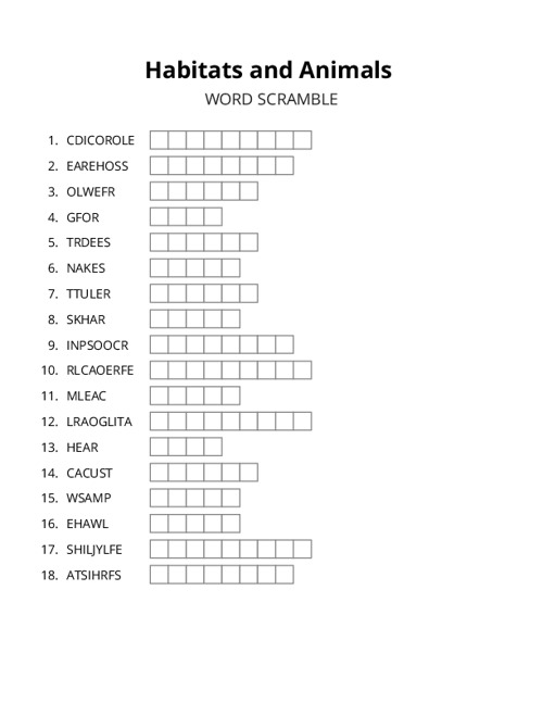 Habitats and Animals Word Scramble Puzzle