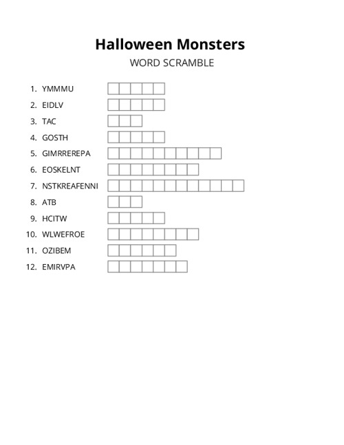 Halloween Monsters Word Scramble Puzzle