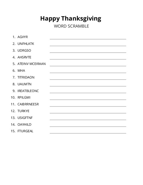 Happy Thanksgiving Word Scramble Puzzle