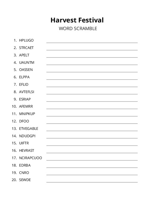 Harvest Festival Word Scramble Puzzle