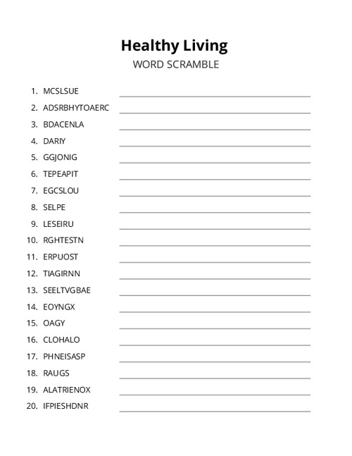 Healthy Living Word Scramble Puzzle