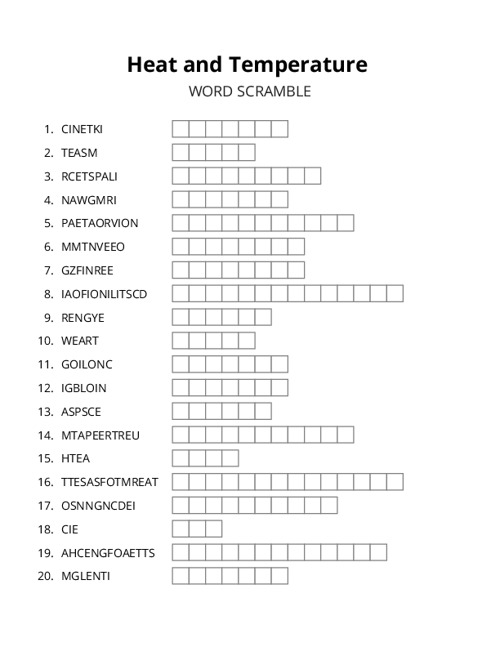 Heat and Temperature Word Scramble Puzzle