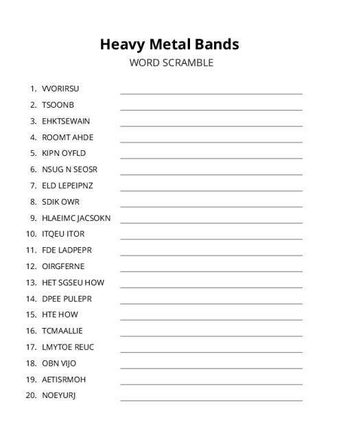 Heavy Metal Bands Word Scramble Puzzle