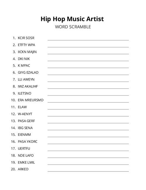 Hip Hop Music Artist Crossword Puzzle
