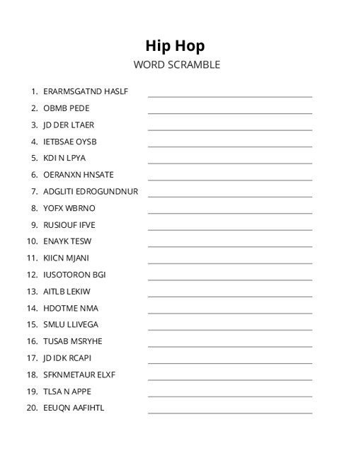 Hip Hop Word Scramble Puzzle