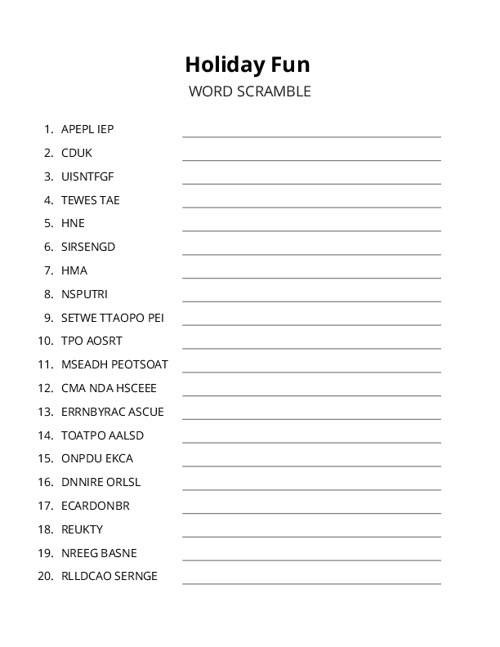 Holiday Fun Word Scramble Puzzle