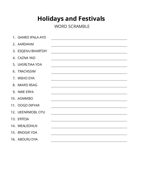 Holidays and Festivals Word Scramble Puzzle