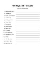 Holidays and Festivals word scramble puzzle