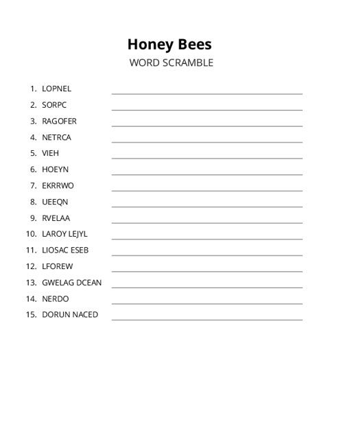 Honey Bees Word Scramble Puzzle
