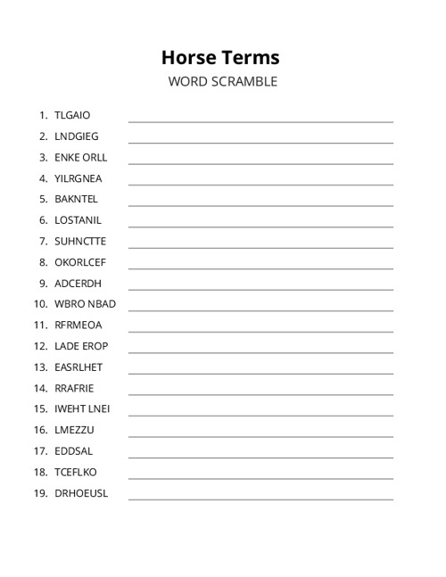 Horse Terms Word Scramble Puzzle