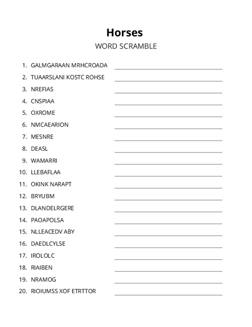 Horses Word Scramble Puzzle